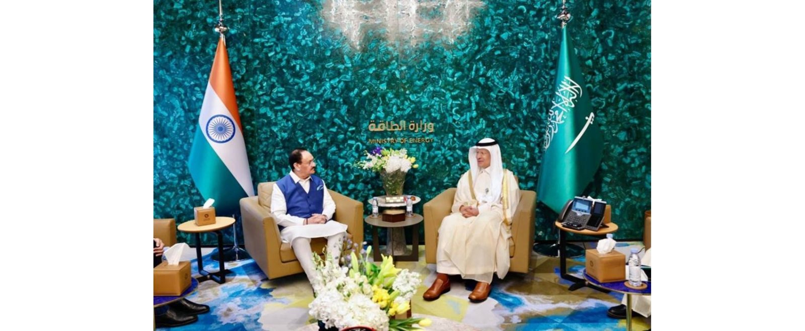 Sri Jagat Prakash Nadda, Hon’ble Union Minister of Health and Family Welfare and Minister of Chemicals and Fertilizers, met with His Royal Highness Prince Abdulaziz bin Salman Al Saud, Minister of Energy of the Kingdom of Saudi Arabia.