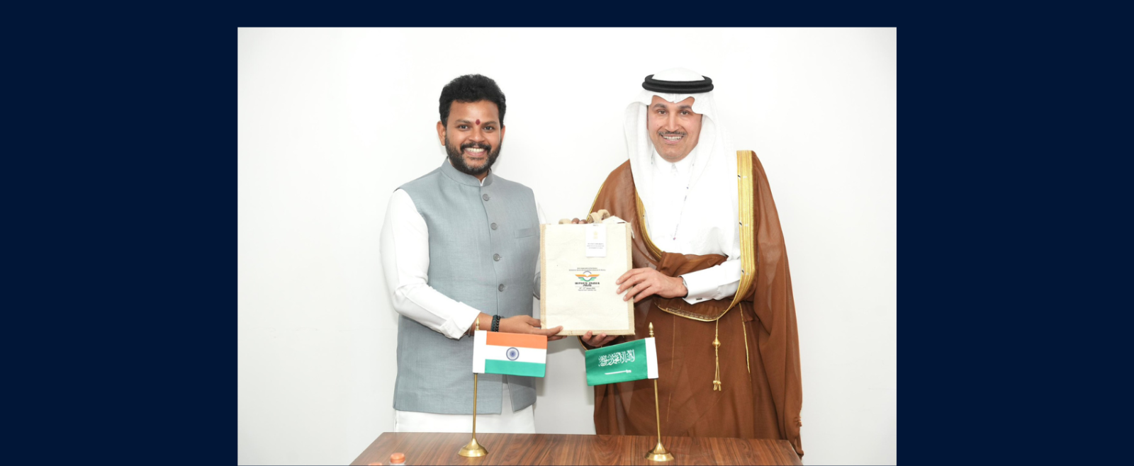 Honorable Shri Ram Mohan Naidu, Indian Minister of Civil Aviation, met with H.E. Saleh Al Jasser, Minister of Transport and Logistic Services, on the sidelines of Wings India 2026, a leading global civil aviation event in Hyderabad on 29 Janaury 2026.