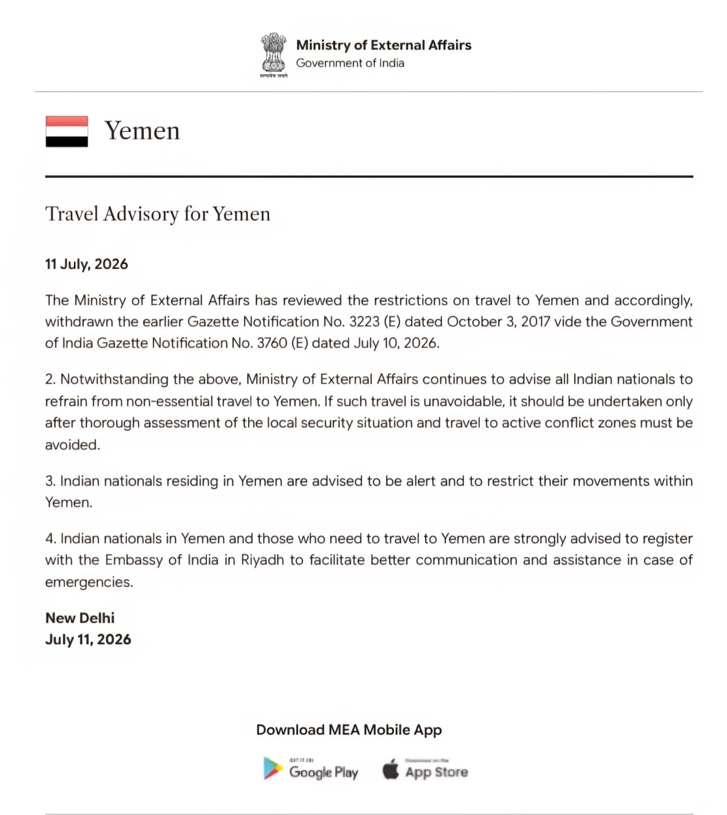 Travel Advisory for Yemen dated 11 July 2026