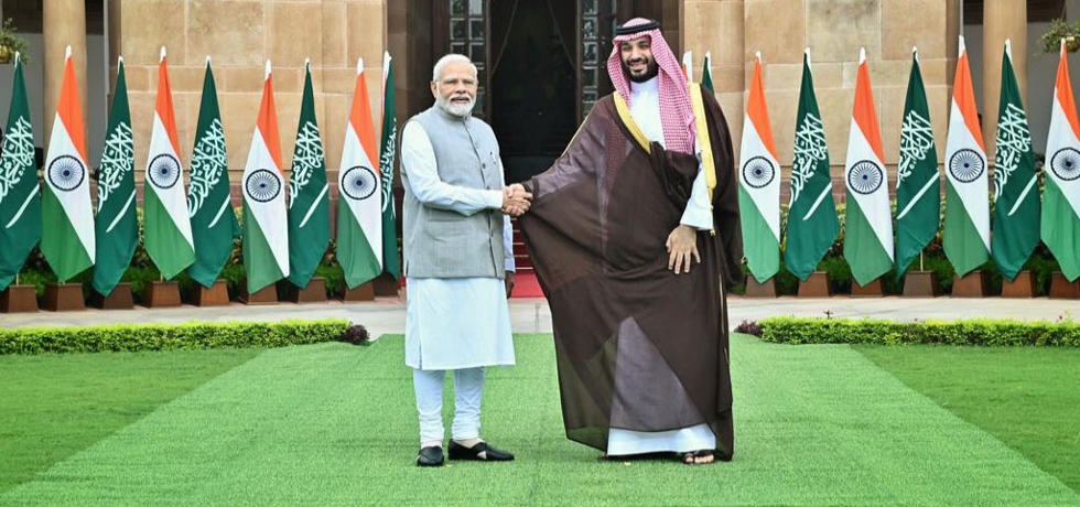 Hon'ble Prime Minister of India Shri. Narendra Modi welcomes HRH Prince Mohammed bin Salman, Crown Prince & PM of the Kingdom of Saudi Arabia at Hyderabad House on 11 September 2023.