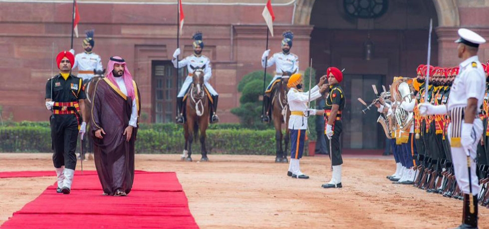 Hon'ble President of India Smt.Droupadi Murmu and Hon'ble Prime Minister of India Shri. Narendra Modi received HRH Prince Mohammed bin Salman bin Abdulaziz Al Saud, Crown Prince & PM of the Kingdom of Saudi Arabia in a ceremonial welcome at the forecourt of Rashtrapati Bhawan on 11 September 2023.