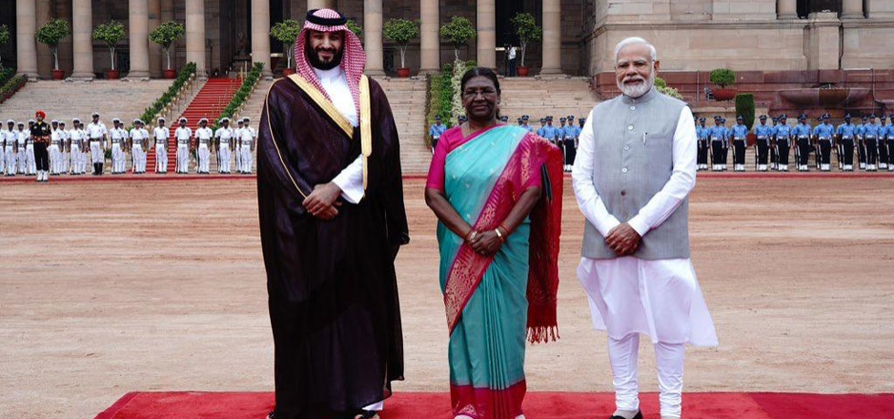 Hon'ble President of India Smt.Droupadi Murmu and Hon'ble Prime Minister of India Shri. Narendra Modi received HRH Prince Mohammed bin Salman bin Abdulaziz Al Saud, Crown Prince & PM of the Kingdom of Saudi Arabia in a ceremonial welcome at the forecourt of Rashtrapati Bhawan on 11 September 2023.